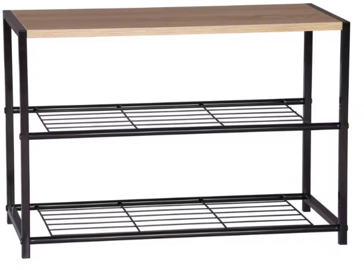 Schoenenrek 2 Lagen - Opbergkast voor 6 Paar Schoenen - MDF & Staal - Schoenenbank met Opbergruimte - Voor Hal, Badkamer of Entree - Ruimtebesparend - 63x30x42 cm - Zwart & Houtlook (8721085275634)