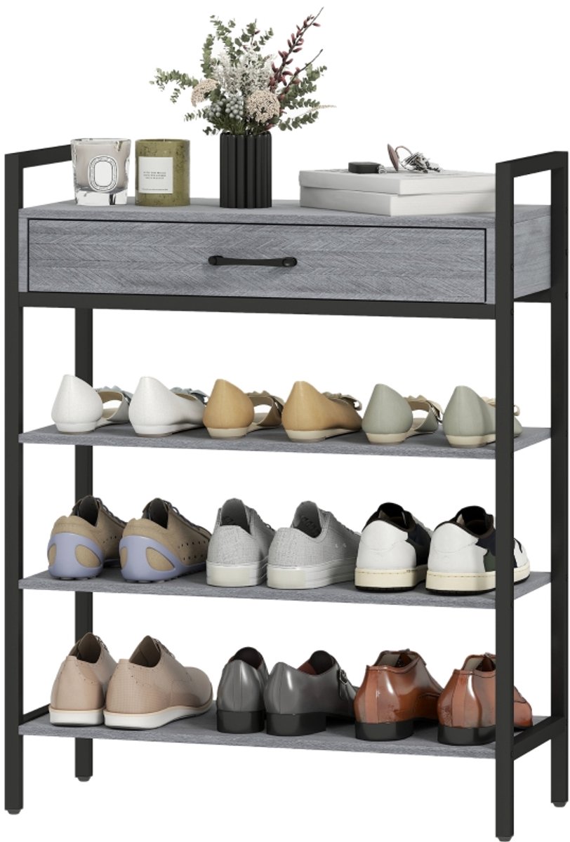 Schoenenrek - 4-Laags - Flurrek voor Max. 9 Paar - Spaanplaat en Metaal - Grijs (8901660551081)