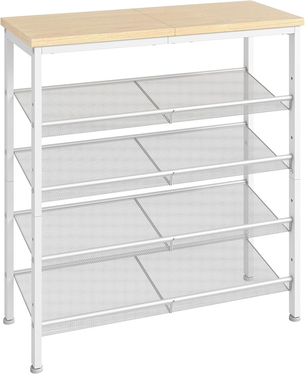 Schoenenrek, 5 verdiepingen, schoenenkast, verstelbaar metalen rooster, ruime bovenkant, voor 16-20 paar, ingang, gang, wit en houtkleur (5487570040288)