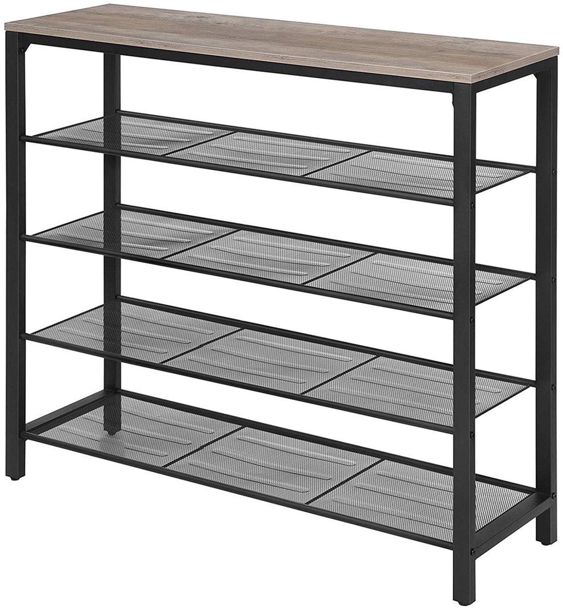 Schoenenrek Multifunctionele schoenenkast 5-laags opbergrek Metalen frame Houten bovenblad Modern minimalistisch ontwerp Zwart+Grijs 100x30x92,5cm Geschikt voor hal gang eetkamer en woonkamer (4255890921577)