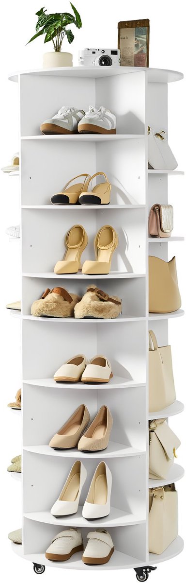 Schoenenrek - Schoenenkast - Capaciteit 28 Paar - Zeven Lagen - Draaibaar 360° - Verrijdbaar - Afmetingen 58,8 x 58,8 x 164,6 cm - Wit (6153338299227)