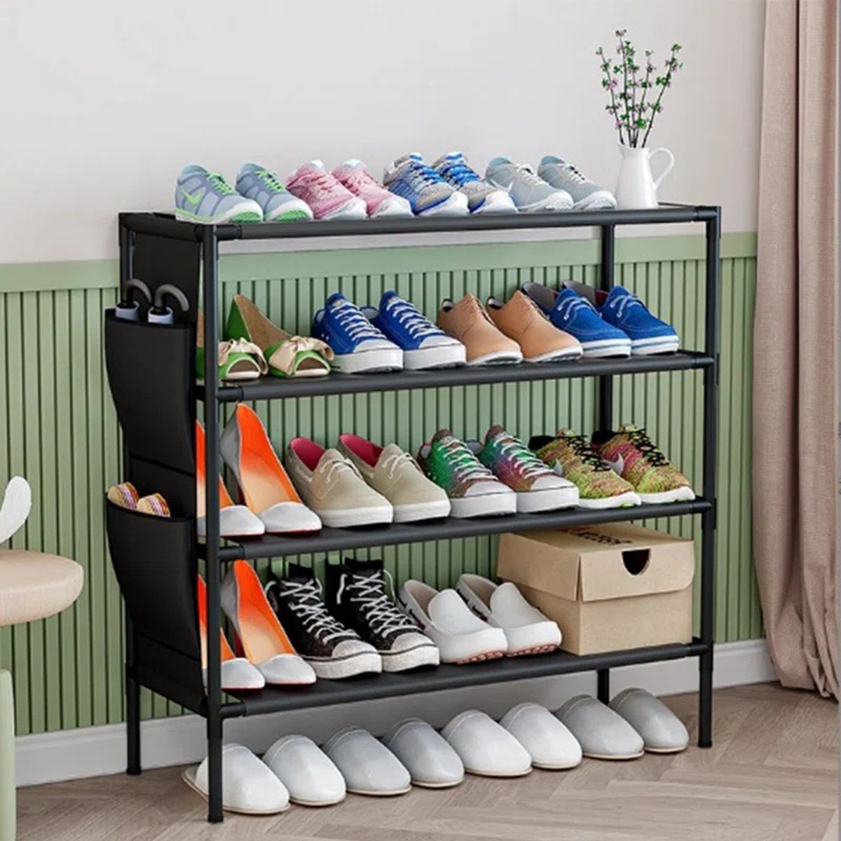 Schoenenrek - Schoenkast - Schoenenrek 4 niveau's met organizer - 16-20 paar Schoenen - Metaal - Hal - Woonkamer - Zwart (8720849724111)