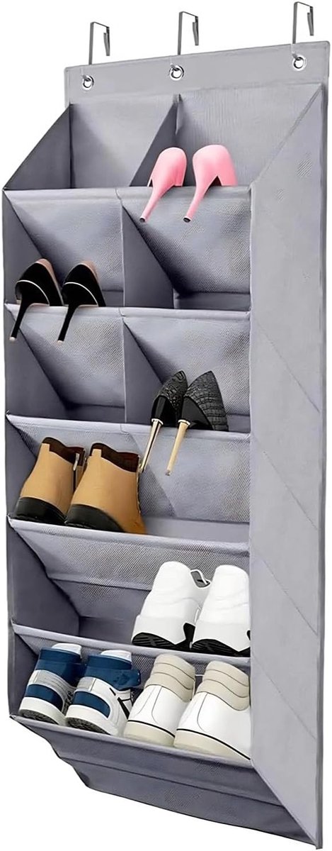 Schoenenrek deur- Schoenenrek hangend - 41*120*17cm Schoenenrek - Schoenenrekorganizer met haken - Opvouwbare Schoenenhouder - Schoenen Opbergsysteem - 9 vakken - Geschikt voor slaapkamers, kledingkasten en slaapzaaldeuren - Grijs (0000810888744)