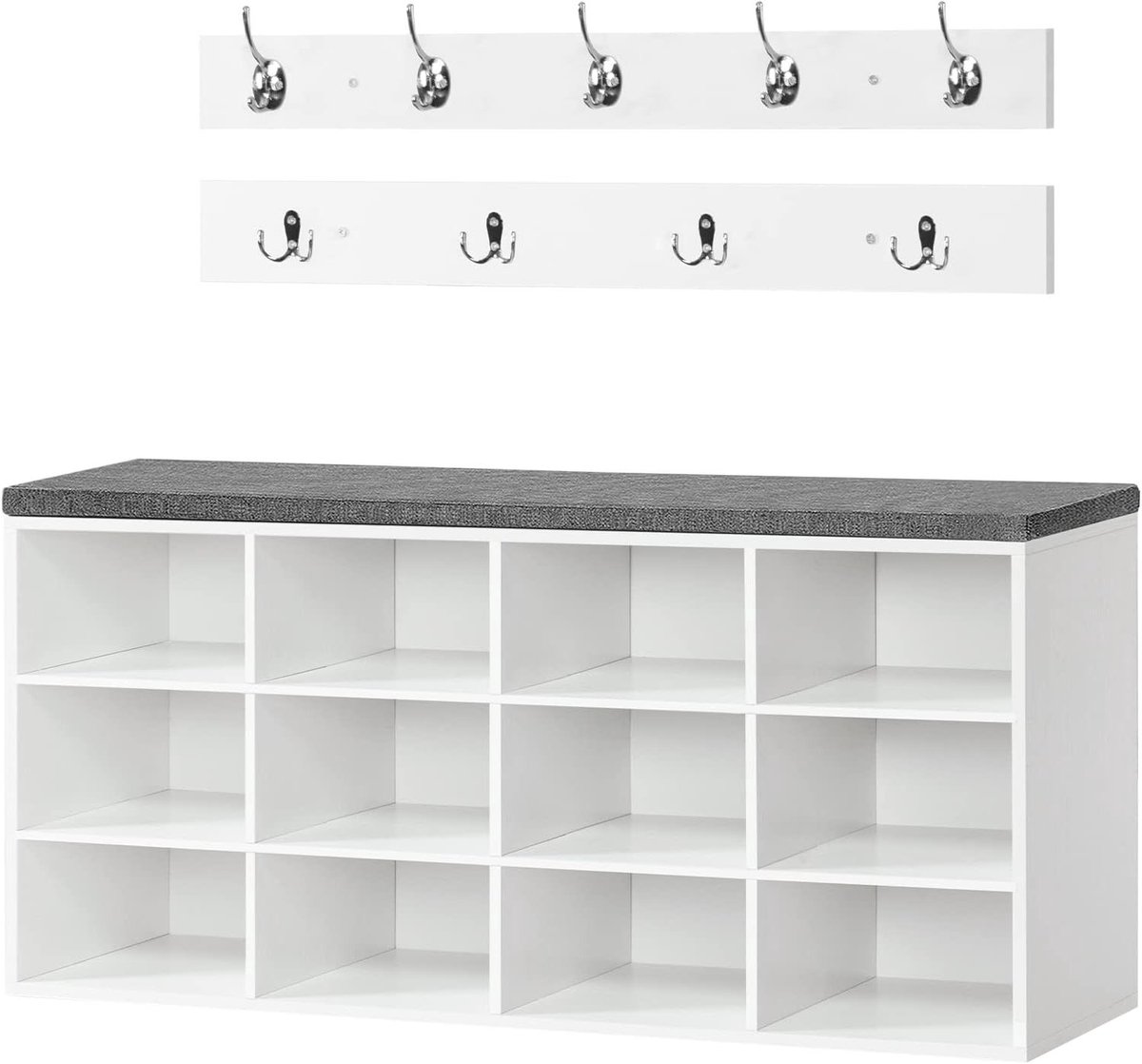 Schoenenrek en Garderobe Set met zitbank en haken - Wit - Voor Hal en Slaapkamer (6153207824802)