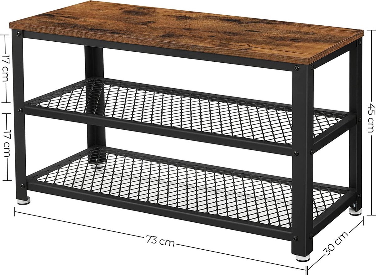 Schoenenrek in Hout en Metaal met Vintage Look - 73x30x45cm - Zwart / Bruin (5425039274515)