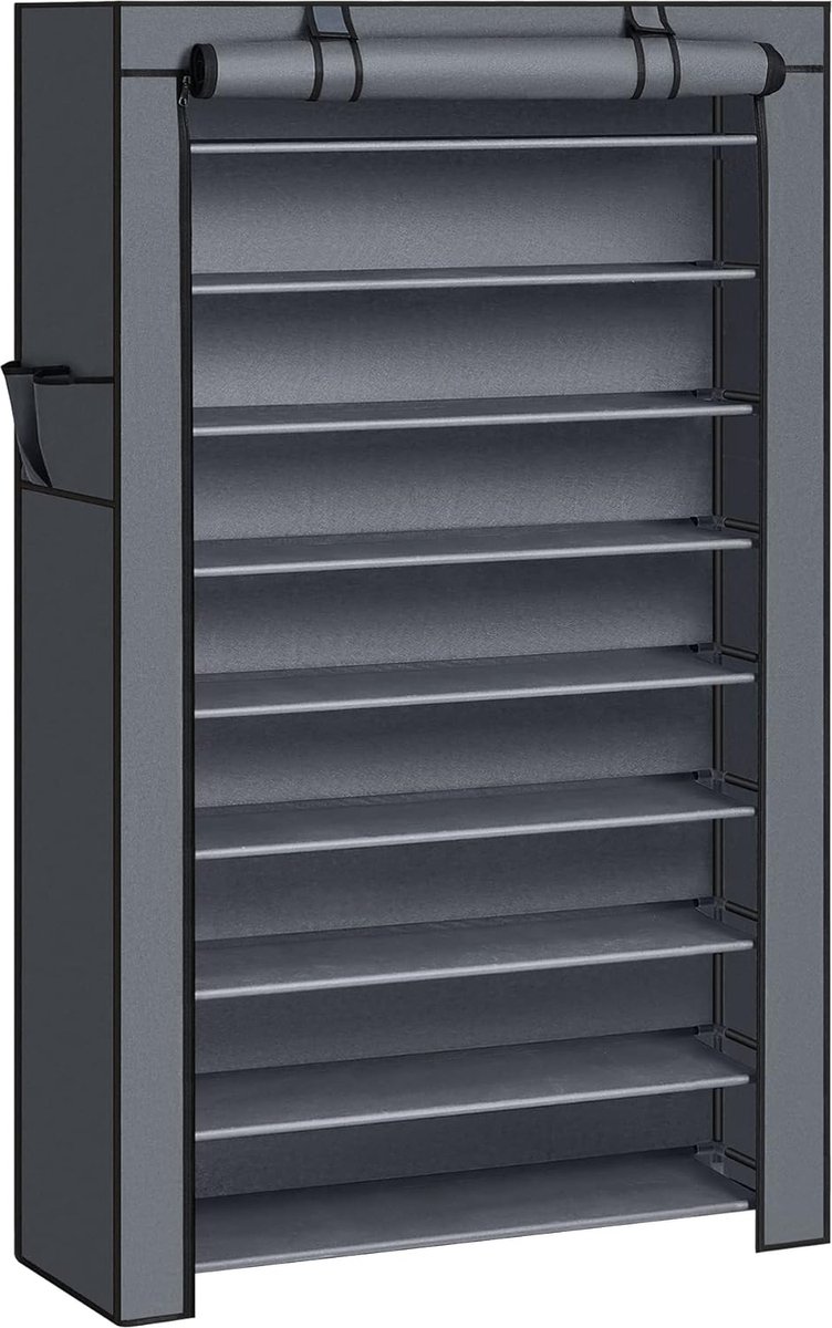 Schoenenrek met 10 niveaus, 28 x 88 x 160 cm, schoenenkast, schoenenopberger, met stofkap, schoenenopberger, voor hoge hakken, sportschoenen, metalen frame, grijs RXJ36G (8785291600833)
