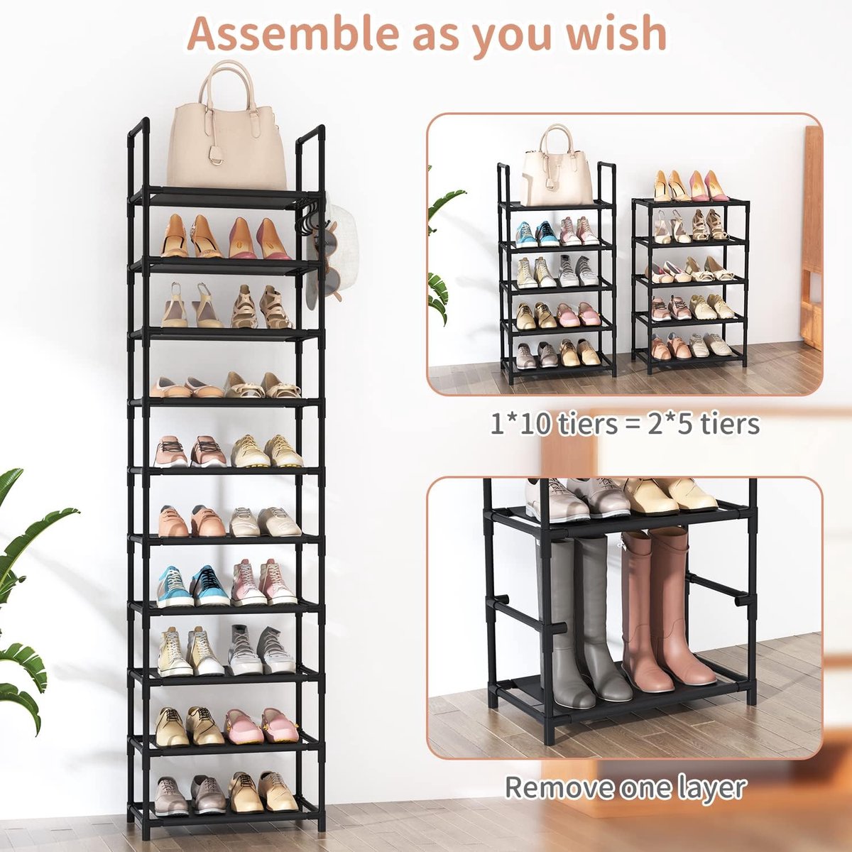 Schoenenrek met 10 niveaus, schoenenorganizer voor 20-25 paar schoenen, open schoenenkast hoog, schoenenstandaard smal, schoenenopslag, voor hal, woonkamer, slaapkamer (8785356257514)