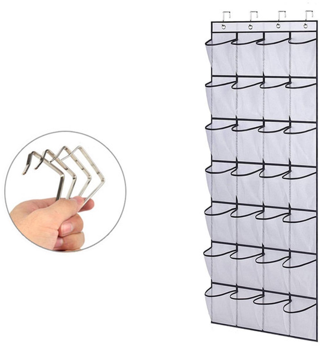 Schoenenrek met 28 vakken voor de achterdeu - Opbergtas - Schoenentas - Opbergtas van meerlaags gaas - Met 4 metalen haken - Wit - Non-woven stof (8581702077566)