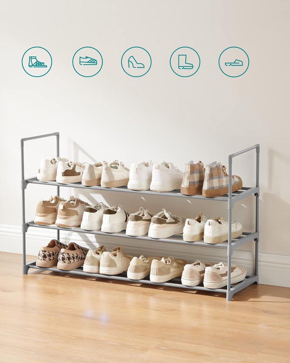 Schoenenrek met 3 niveaus, van metaal, voor 12/15 paar schoenen, stapelbaar, hal, woonkamer, slaapkamer, 30 x 92 x 55 cm, grijs (8785356257545)