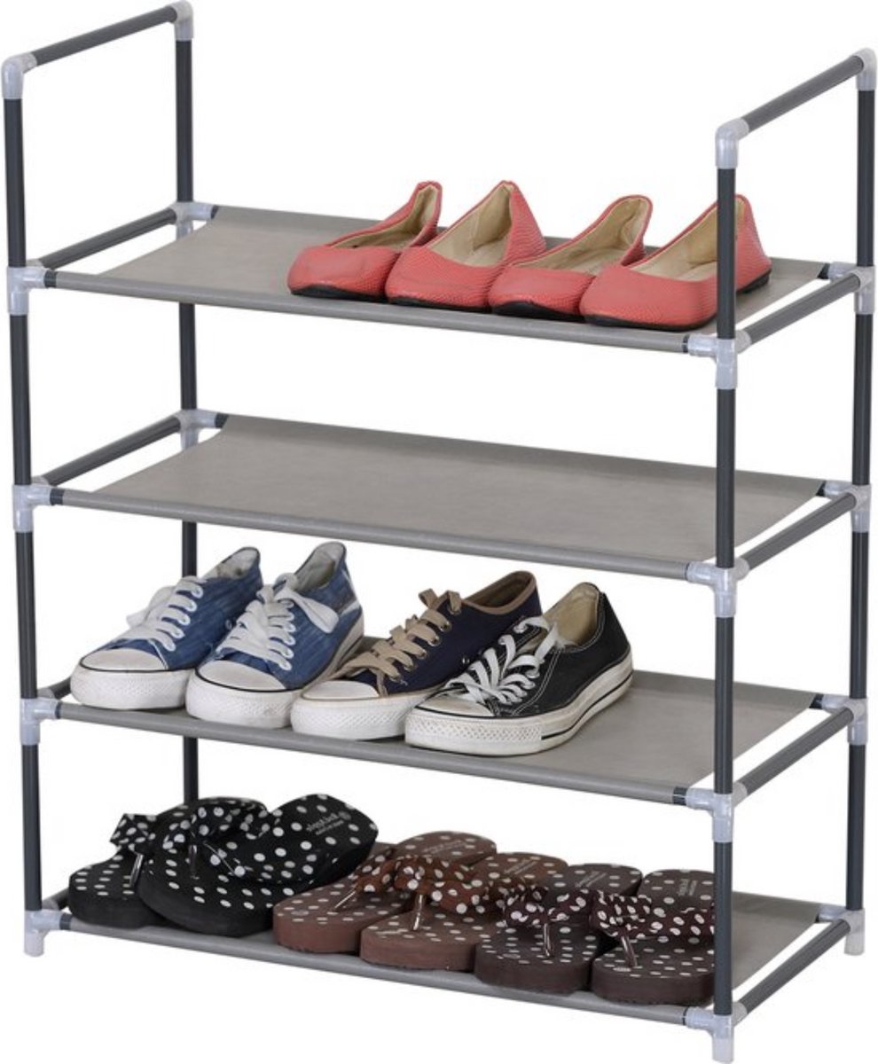 Schoenenrek met 4 lagen - stevig en modern - schoenenbank met staal & stof - ruimtebesparend ontwerp - grijs - 60x28x71 cm (8721085255254)