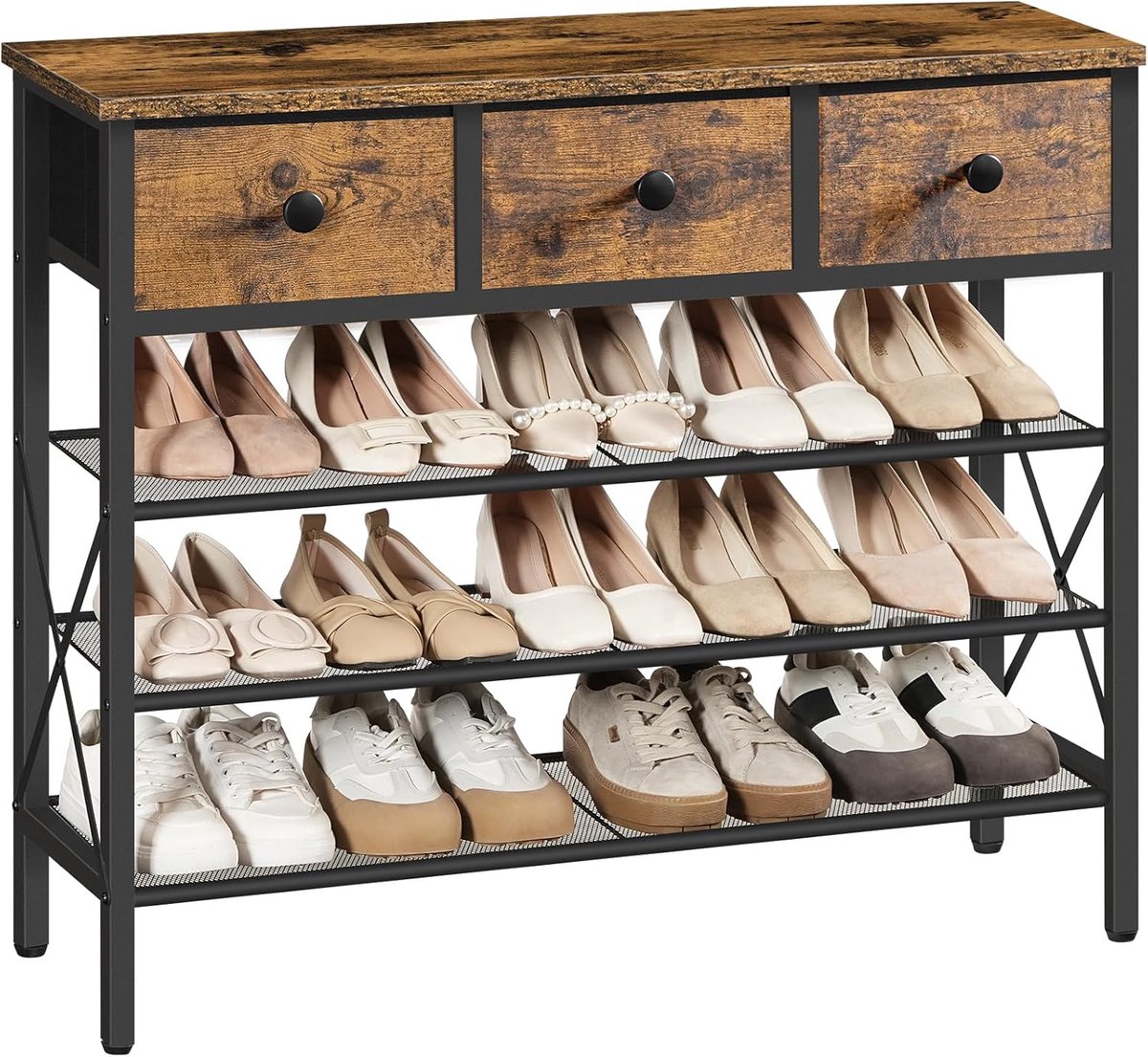 Schoenenrek met 4 niveaus - groot schoenenrek met 3 stoffen laden en 3 roosters, ruimtebesparend, vintage bruin-zwart, ideaal voor hal of entree (5487571404065)