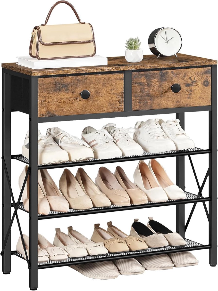 Schoenenrek met 4 niveaus - groot schoenenrek voor 16 paar schoenen met 2 stoffen laden en 3 roosters, ruimtebesparend, vintage bruin-zwart, ideaal voor hal of entree (5487571404720)