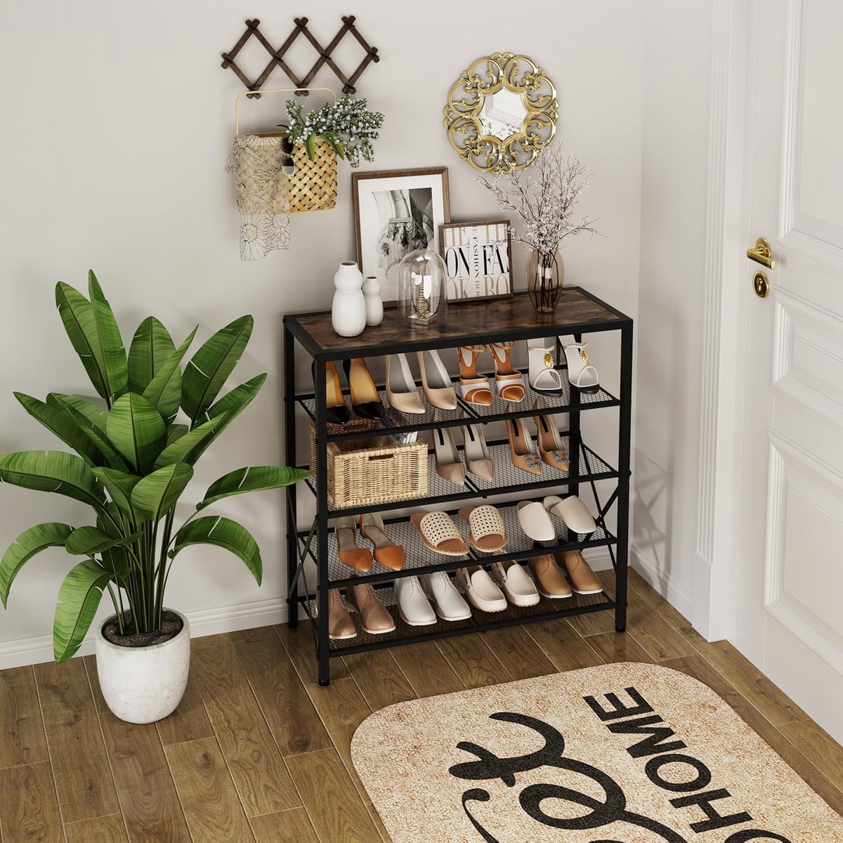 Schoenenrek met 5 verdiepingen voor 16-20 paar schoenen, industrieel schoenenrek voor de entree met X-vormig frame, bruin en zwart (8785356257644)