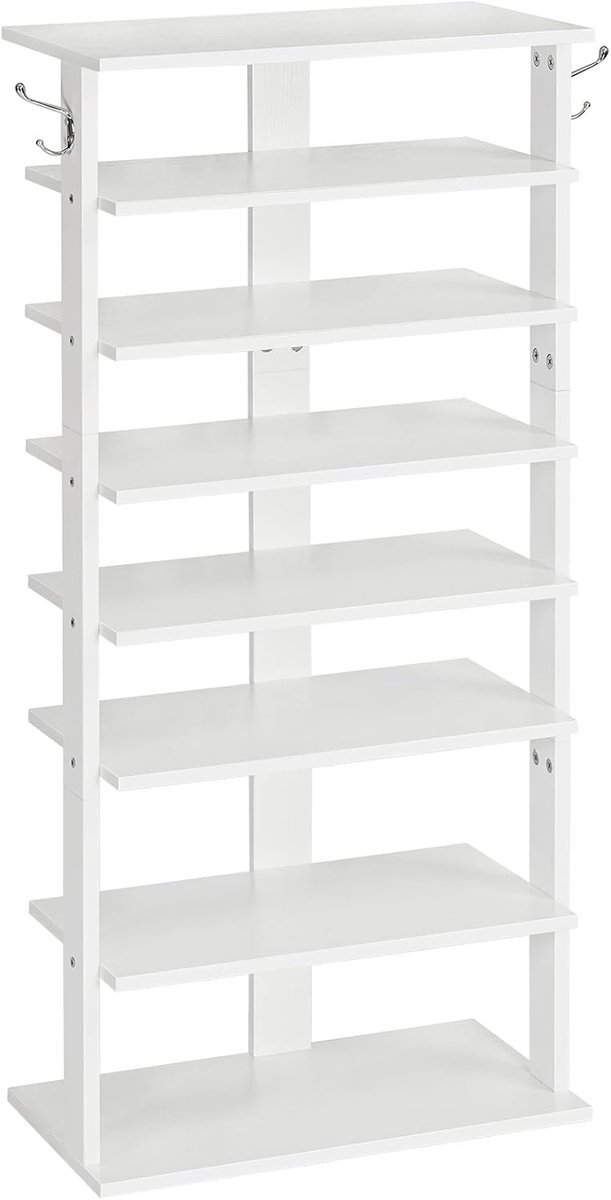 Schoenenrek met 8 Lagen - Hoog Schoenenrek voor 16 Paar, Met Haken, 50×28×113 cm, Industrieel Design, Wit (5487571393352)
