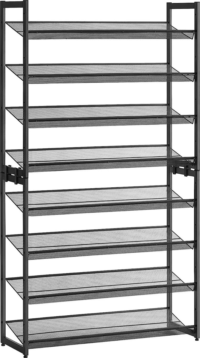 Schoenenrek met 8 niveaus, schoenenorganizer, uit 2 stapelbare 4-traps planken, voor 32 tot 40 paar schoenen, verstelbare roosterplanken, plat of schuin monteerbaar, zwart LMR08B (7595980426610)