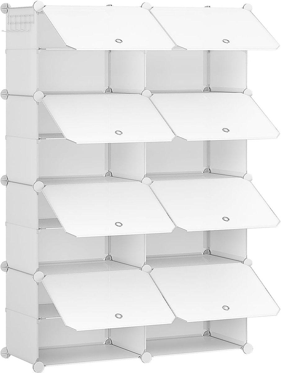 Schoenenrek met 8 vakken, schoenenkast, voor 32 paar schoenen, 40 x 30 x 30 cm per vak, smal, met deuren, kunststof,wit (8785356075224)