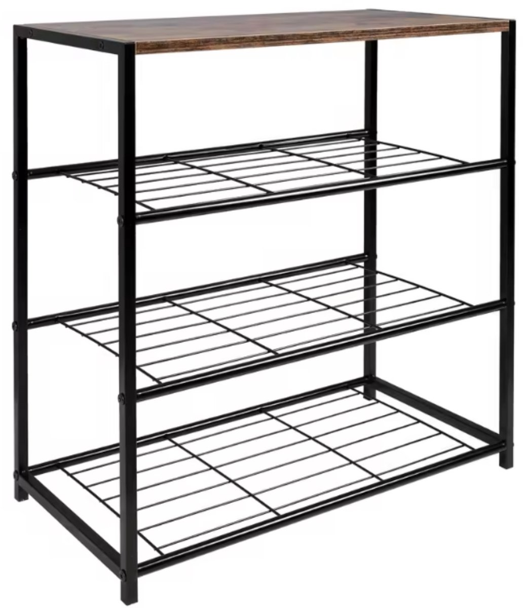 Schoenenrek met Zitting - 3 Lagen Schoenenbank - Metalen Frame & Houten Zitting - Opbergkast voor Hal, Slaapkamer of Badkamer - Smal Schoenenrek - 63x30x63 cm - Voor Hakken & Laarzen (8721085275696)