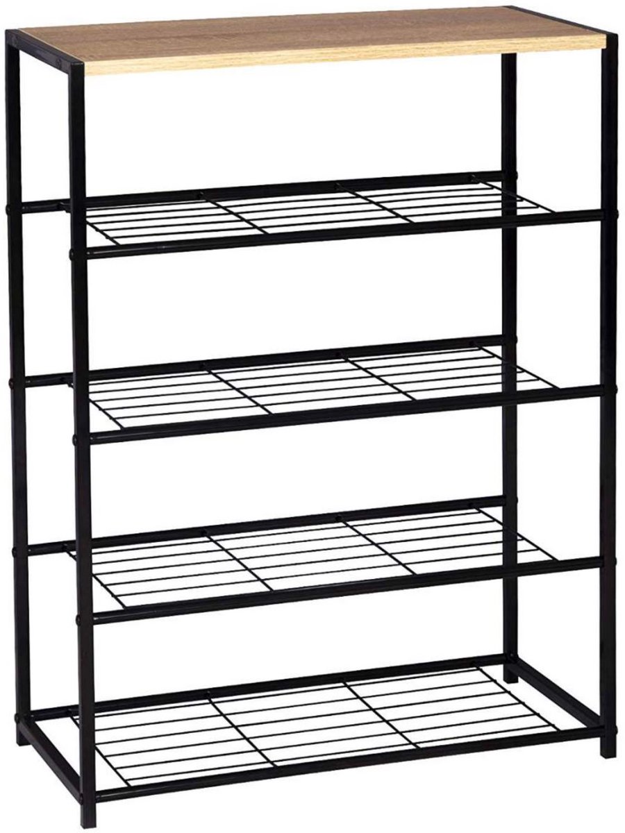 Schoenenrek met Zitting - 4-Laags Schoenenbank - Metalen Frame - Houten Zitting - Stofdicht & Ruimtebesparend - Schoenenopbergkast voor Hal, Entree of Slaapkamer - 63x30x87 cm - Zwart/Wood (8721085275481)