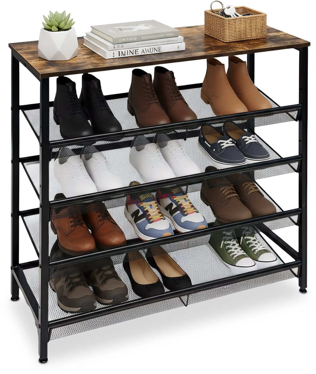 Schoenenrek metaal - 80 cm breed - 4 laags - industrieel (4052025858599)