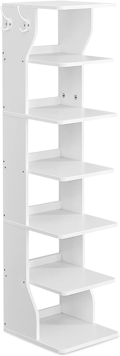 Schoenenrek, opbergrek, displayrek, boekenkast, met 7 open opbergplanken en haken, stevig en duurzaam houten frame, stijlvol, modern en eenvoudig ontwerp, geschikt voor slaapkamer, woonkamer en hal. 30 x 26,4 x 110,4 cm, wit. (4255901406246)