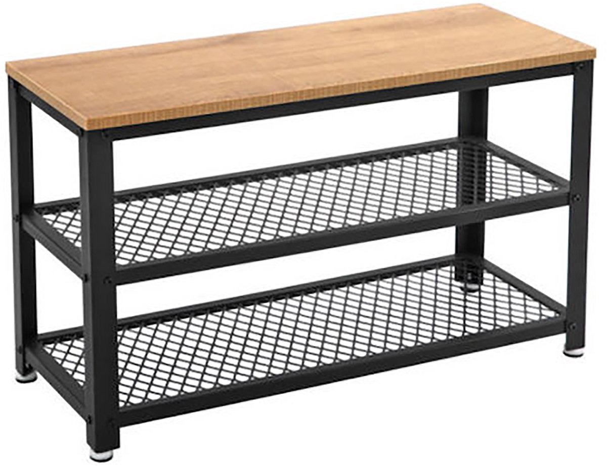 Schoenenrek opbergrek multifunctioneel opbergmeubel met 2 metalen gaasplanken en 1 bovenblad dat als schoenenbank kan dienen geschikt voor hal woonkamer gang en slaapkamer 73 x 30 x 45 cm naturel en zwart (4255901405515)