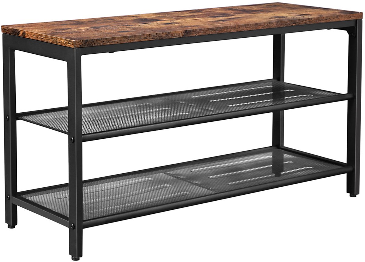 Schoenenrek opbergrek multifunctioneel opbergmeubel met 2 metalen gaasplanken en 1 bovenblad dat als schoenenbank kan dienen geschikt voor hal woonkamer gang en slaapkamer 80 x 30 x 44.5 cm bruin en zwart (4255901400657)