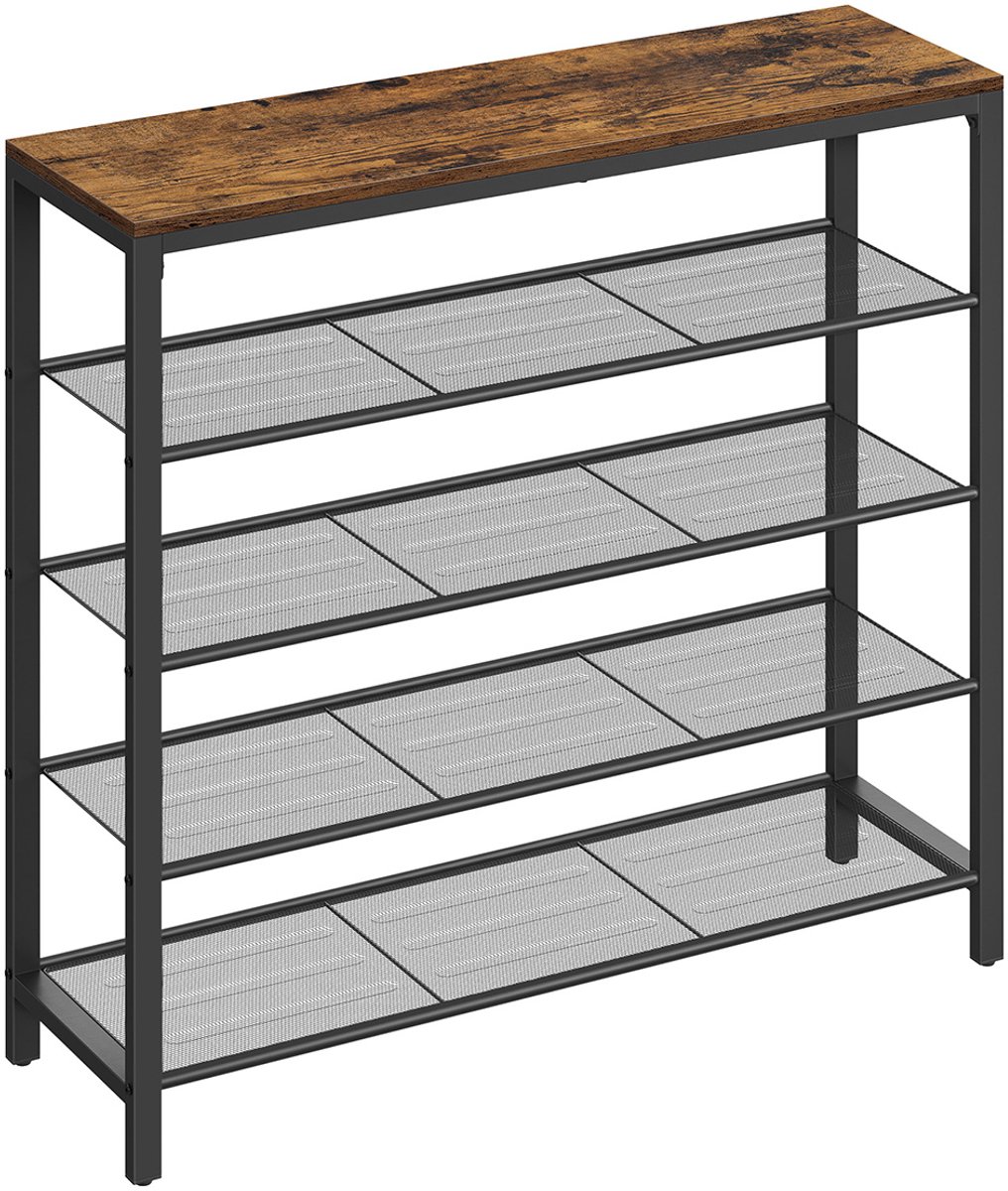 Schoenenrek opbergrek multifunctioneel opbergmeubel met 4 gaasplanken en 1 bovenblad geschikt voor hal gang en slaapkamer stevig metalen frame 100 x 30 x 92,5 cm bruin en zwart (4255901400626)