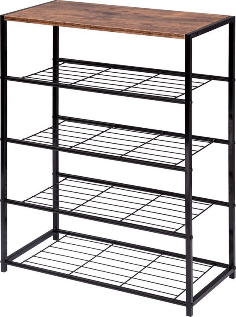 Schoenenrek - ruimtebesparend ontwerp - vintage hout & metaal - stijlvol en praktisch - industrieel design - 83x30x83 cm (8721085253298)