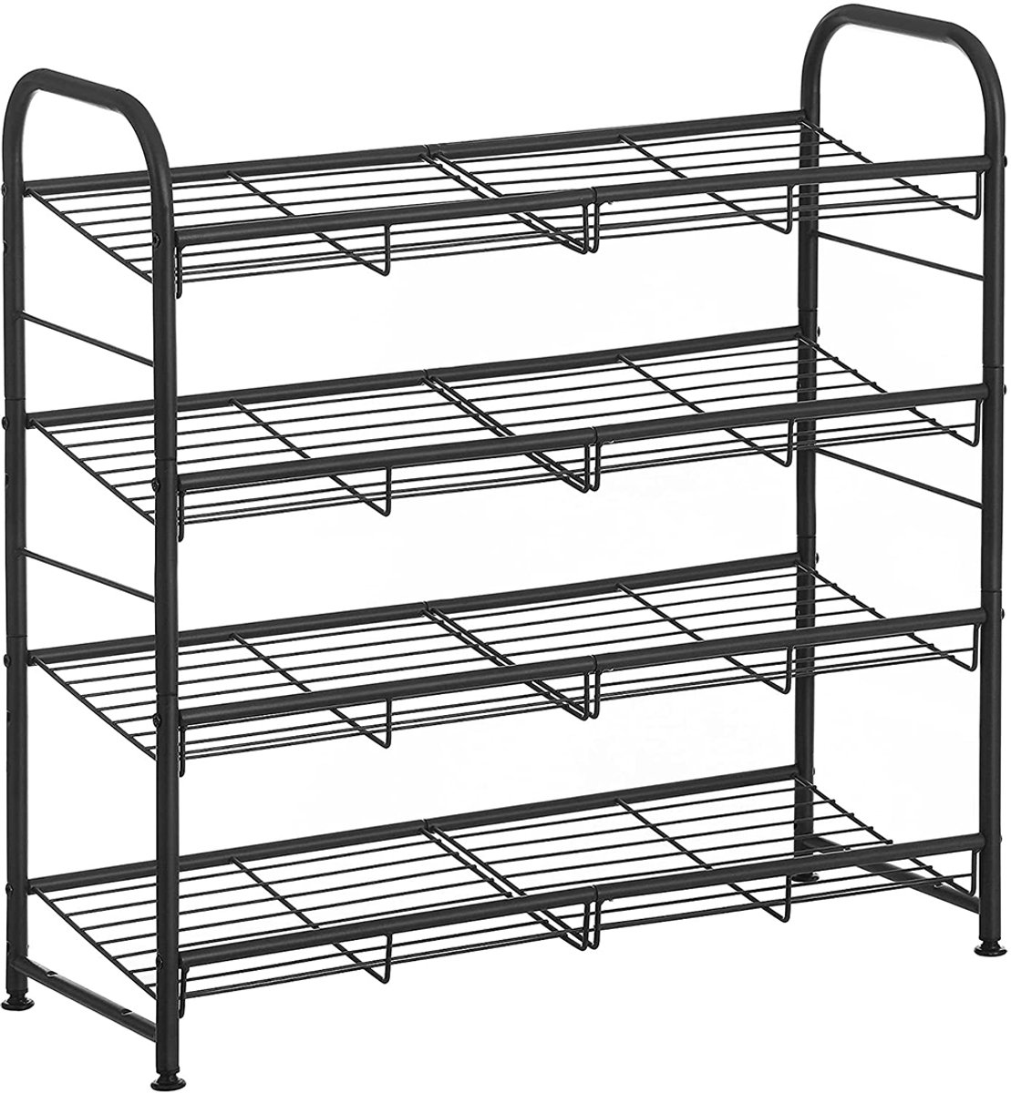 Schoenenrek schoenen opbergsysteem met 4 legplanken, biedt plaats aan maximaal 16 paar, stevig metalen frame, geschikt voor hakken, sportschoenen en slippers, 68,5 x 27,5 x 65 cm, zwart. (4255901401937)