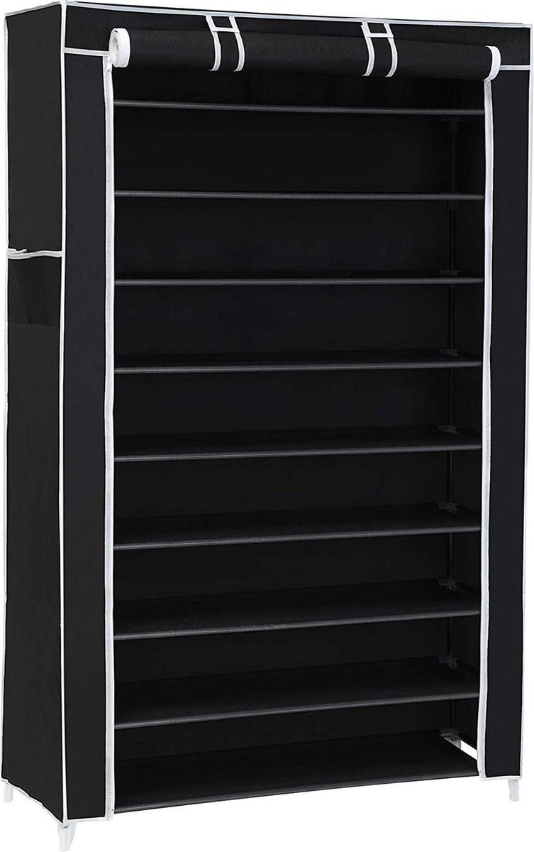Schoenenrek van stof en metaal / Geschikt voor 40 paar schoenen / Dicht te ritsen / Stofvrij / 160 cm hoog - Zwart (8719688013401)