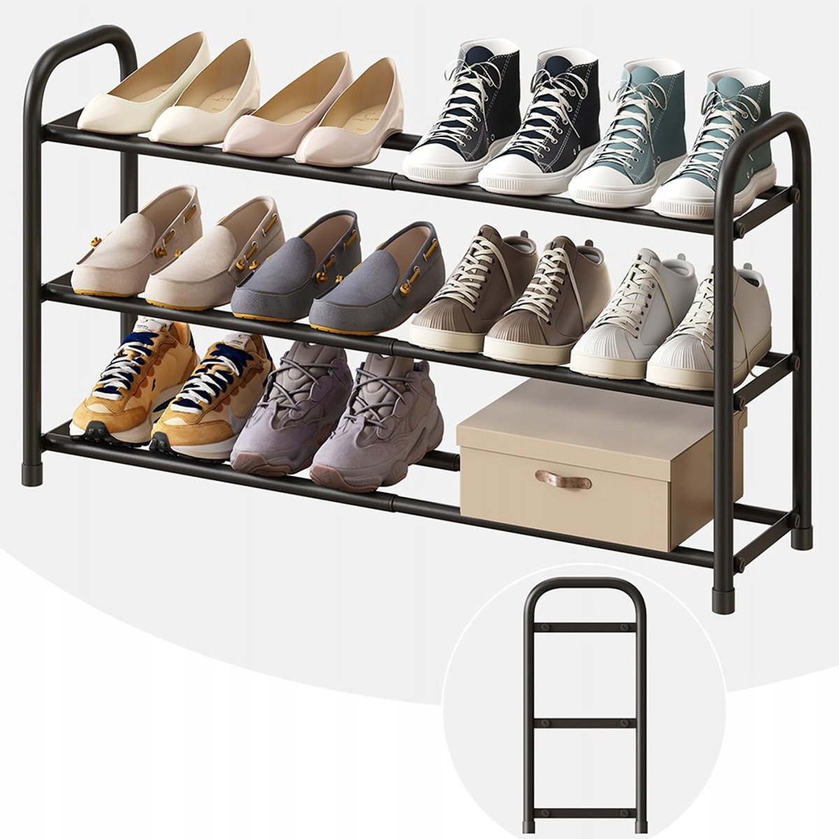 Schoenrek - 3 Lagen Uitschuifbaar Rek - 45-80cm Verstelbaar - Zwart Metalen Model - Voor 12 Paren Schoenen - Ruimtebesparend (0191491037931)