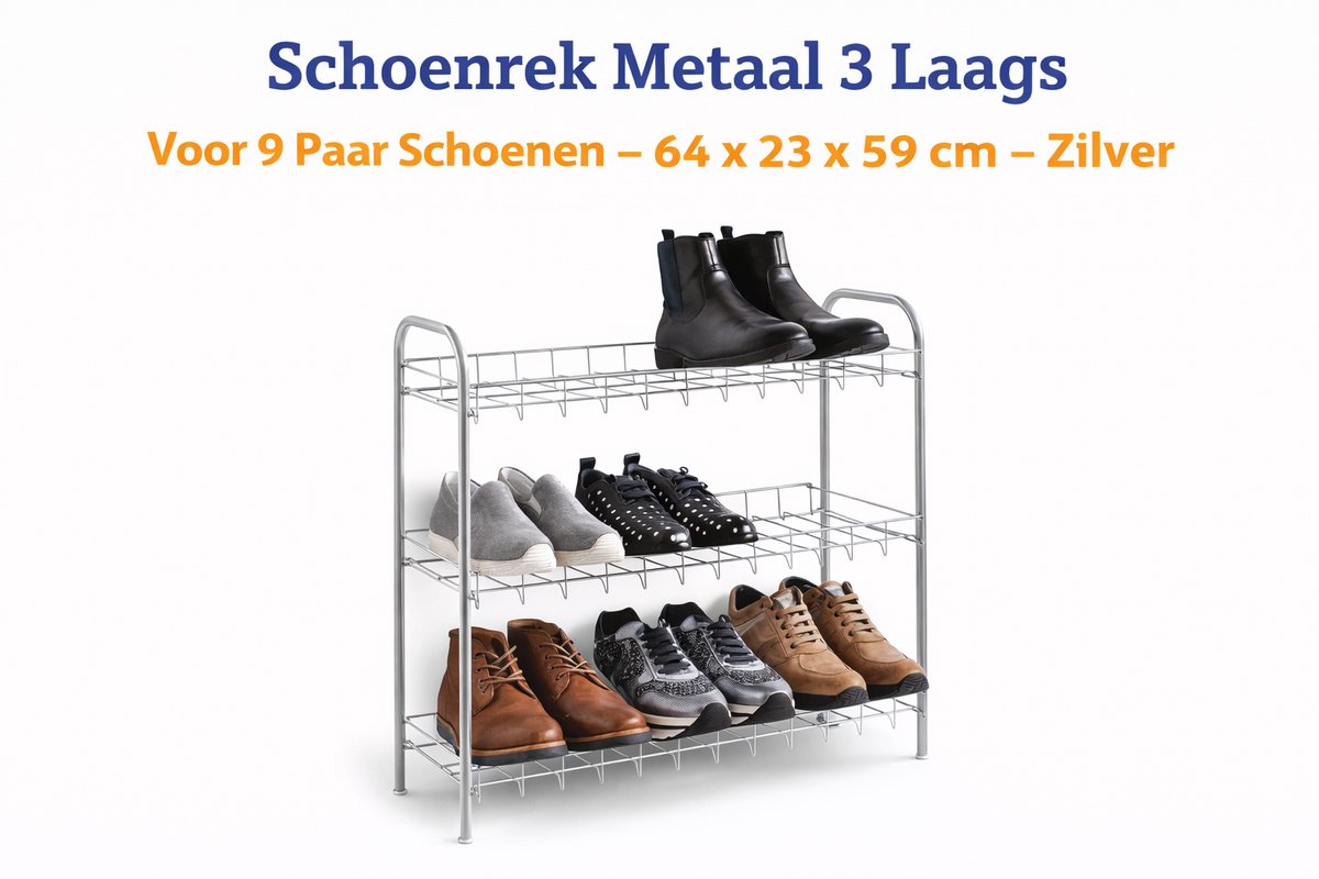 Schoenrek Metaal 3 Laags - Voor 9 Paar Schoenen - 64 x 23 x 59 cm - Zilver (6154154651695)