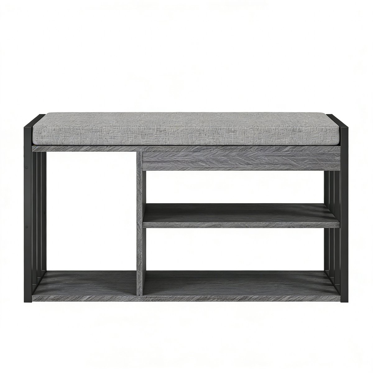 Schoenrek met bank 86x30x45,4 cm grijs 3-laags ontwerp stevig en duurzaam frame moderne minimalistische stijl comfortabele ademende zitting biedt uitstekende schoenenwisselervaring geschikt voor hal gang woonkamer slaapkamer (4255890957231)