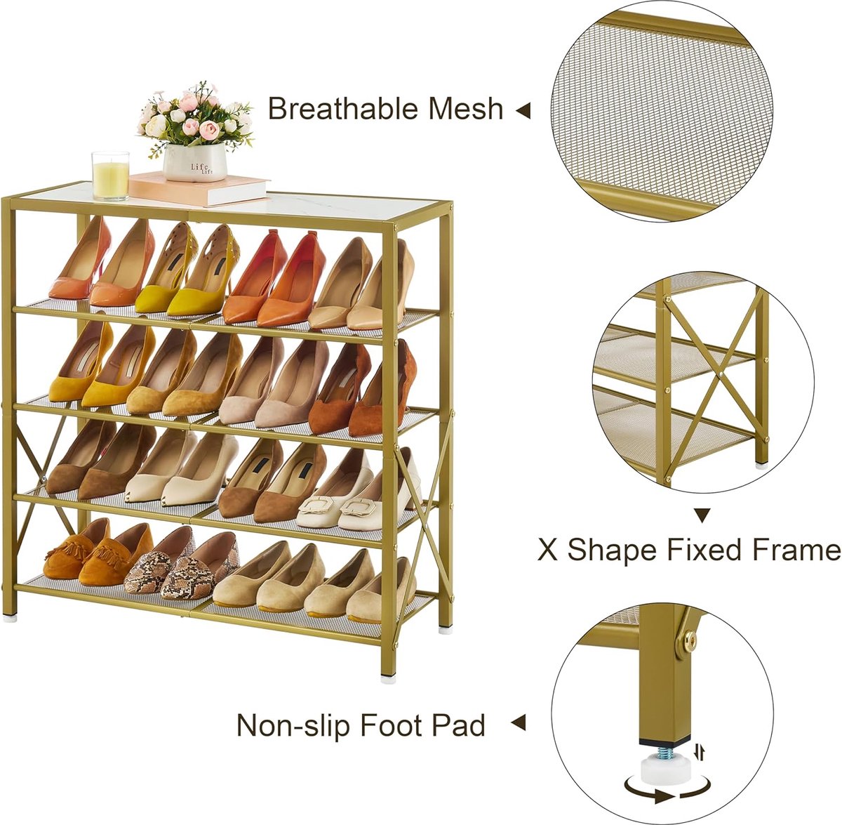 Schonenrek 5-laags schoenenrek organizer, industrieel schoenenrek voor kastingang, metalen gaas schoenenopbergplank met X-vorm vast frame, rustiek wit en goud (8785356257422)