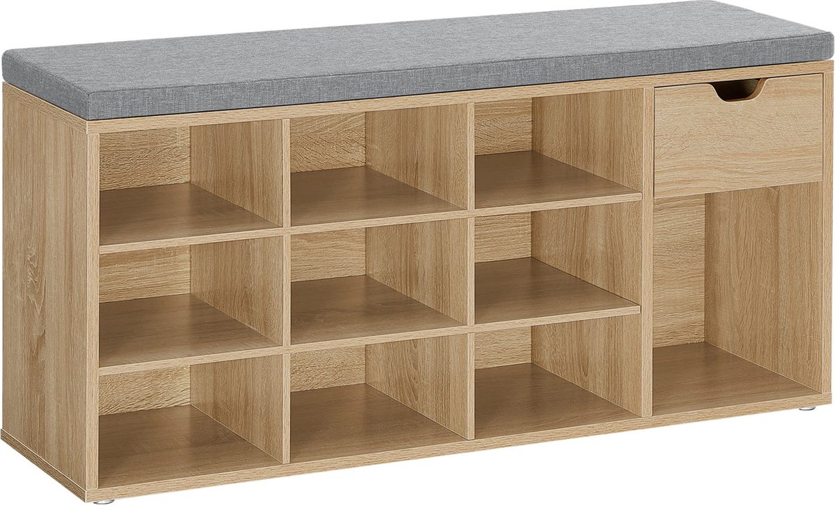 Schonenrek met Zitkussen - SONOMA, Industriële Stijl, Kleur: Eiken Sonoma en Lichtgrijze Zitkussen, Voor Gang, Hal of Wachtkamer, 104 x 30 x 48 cm, Max. 200 kg (5903332086580)