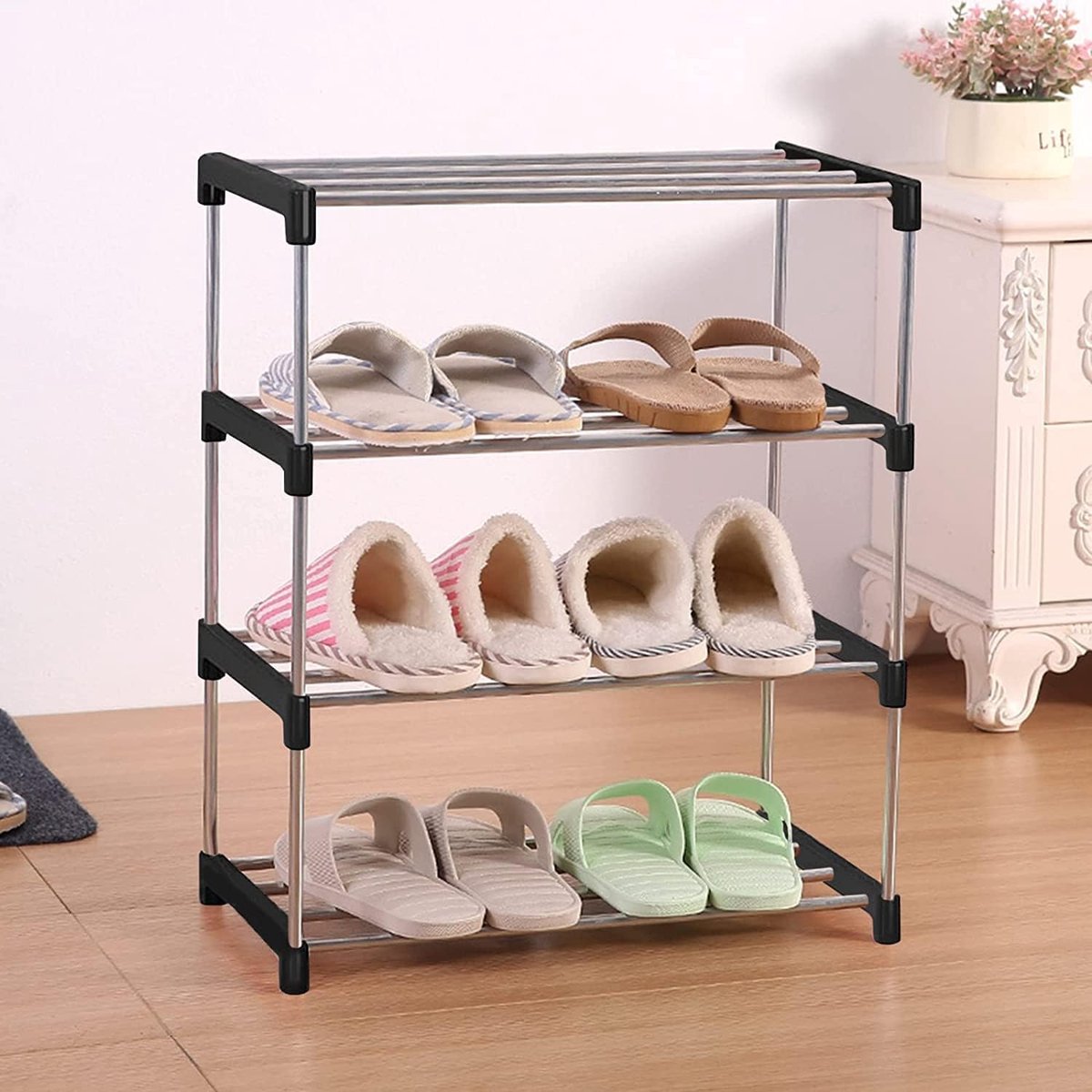 Schonenrek stapelbaar schoenenrek, 4 niveaus, beenruimteopslag, licht schoenenrek, opbergen, organizer, stabiel smal schoenenrek voor kast, entree, hal (8785356257446)