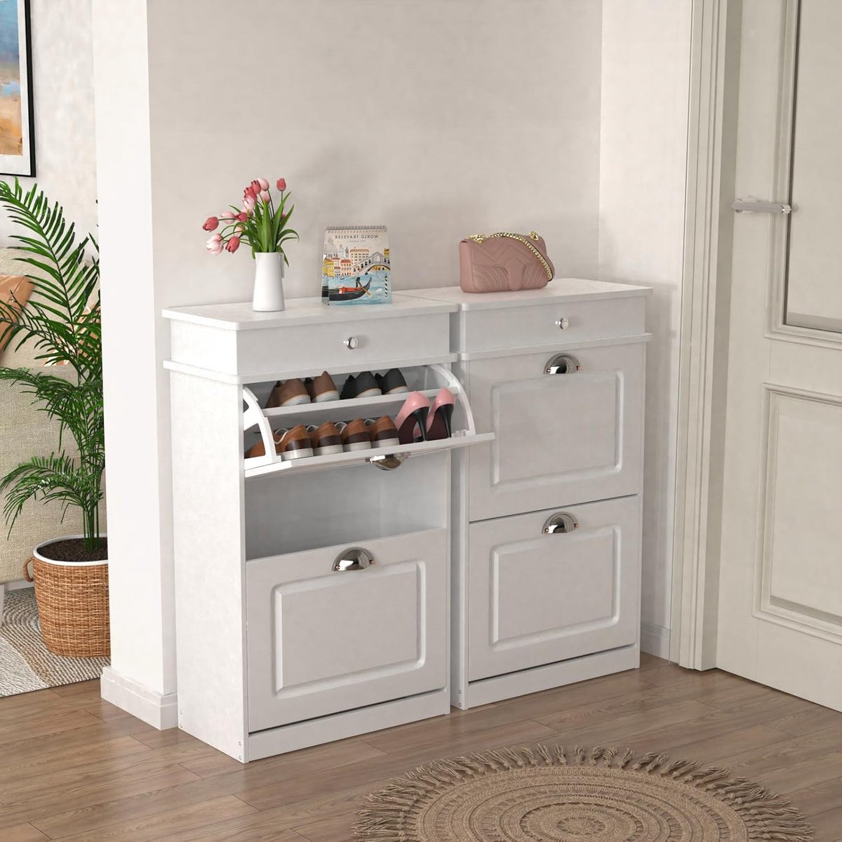 Set van 2 Smalle Schoenenkasten met Klapdeuren - Compacte Halmeubel Opslag Wit (9101058473653)