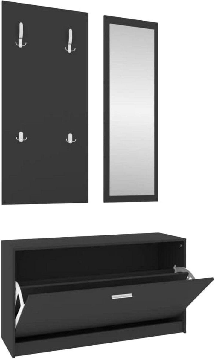 Set van 3x Schoenenkast, Kapstok en Spiegel in Zwart (9101065833662)
