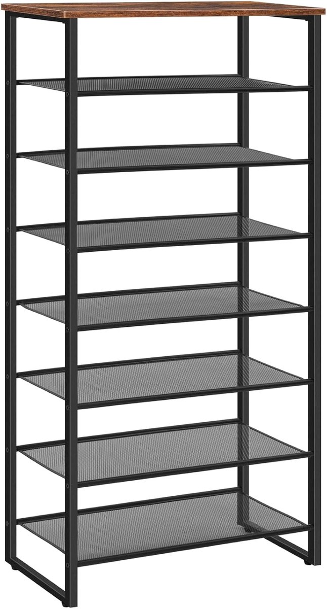 Shoe Rack with 8 Levels - Tall Narrow Shoe Shelf for 21-28 Pairs - Removable Metal Grid Shelves - Sturdy Industrial Shoe Organiser for Hallway & Living Room - Rustic Brown (8785341245809)