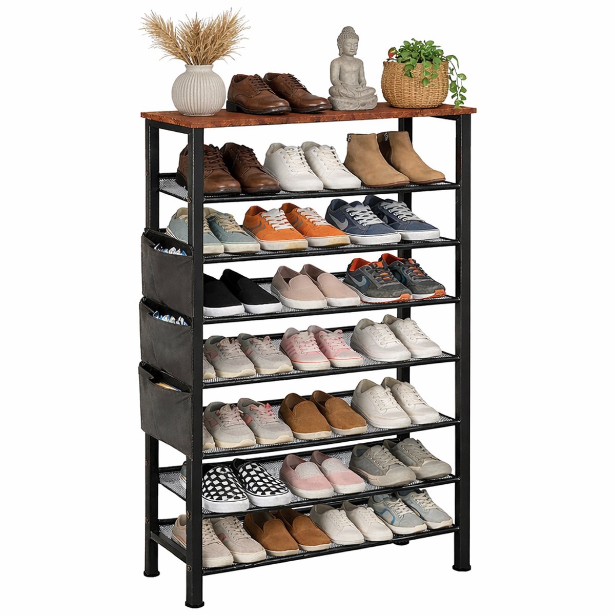 Signature Home Schoenenrek 8 Lagen - Industrieel Schoenenkast - Open Schoenenkast verstelbaar - Extra Opbergen van Schoenen - Hout & Metaal - voor 24-32 paar schoenen - Bruin Zwart - 75 x 30 x 137 cm (8720849725903)