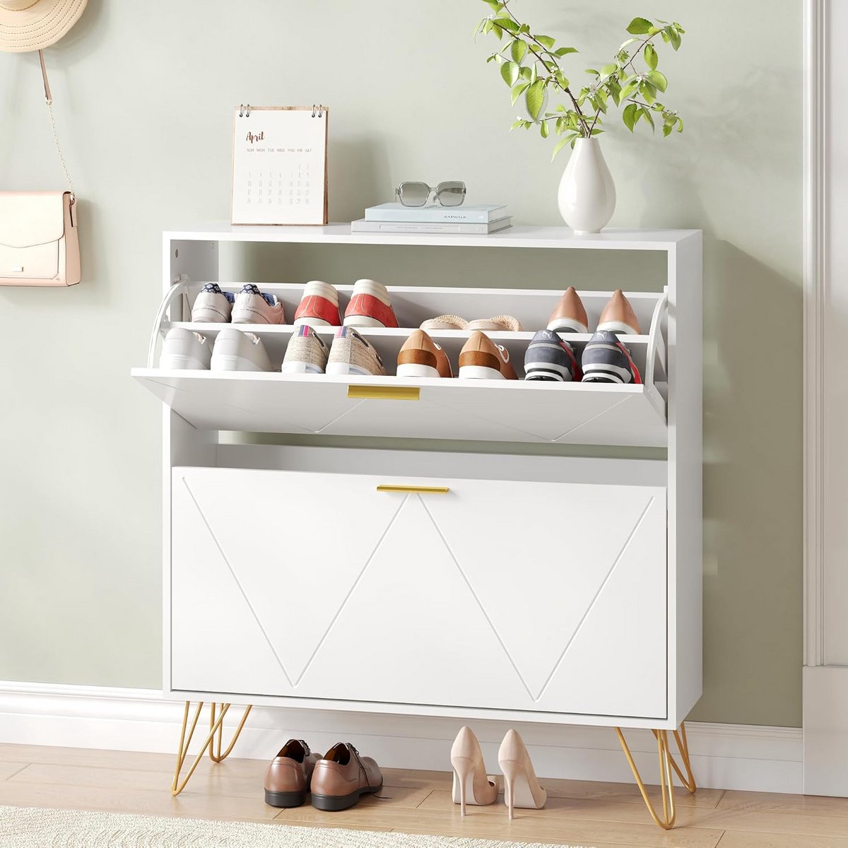 Slanke Schoenenkast met 2 Klapladen - Smalle Schoenenopbergkast voor Hal en Entree - Wit met Gouden Accenten (9101066296329)