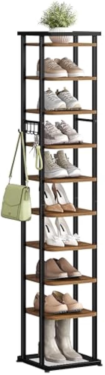 Smal Schoenenrek 10-Laags - Met Haken - Metaal/Hout - Verstelbaar - Rustiek Bruin/Zwart (5487571838853)