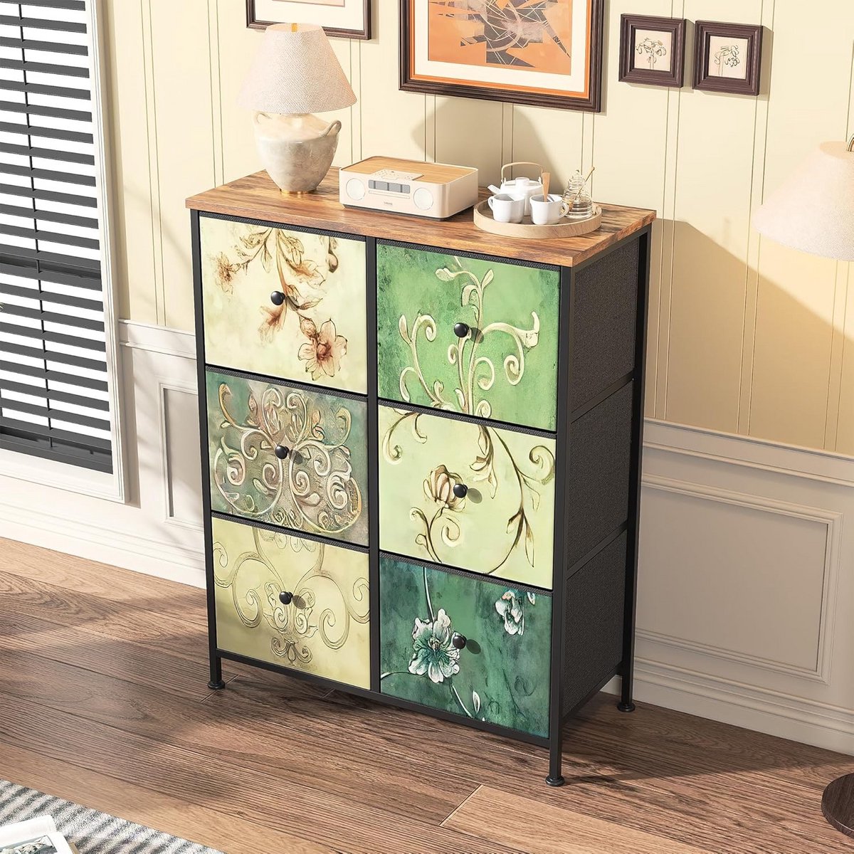 Smalle Ladekast met 6 Stoffen Laden en Houten Top - Compacte Opbergkast voor Slaapkamer of Hal (9101064754333)