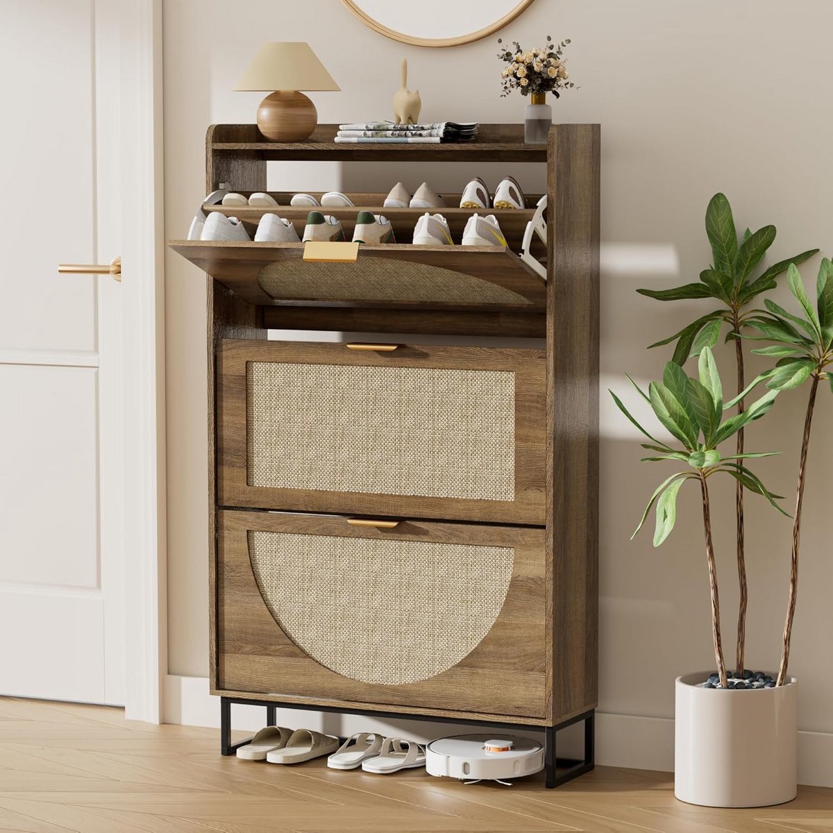 Smalle Rieten Schoenenkast met 3 Kleppen en Verstelbare Planken (9101060613405)