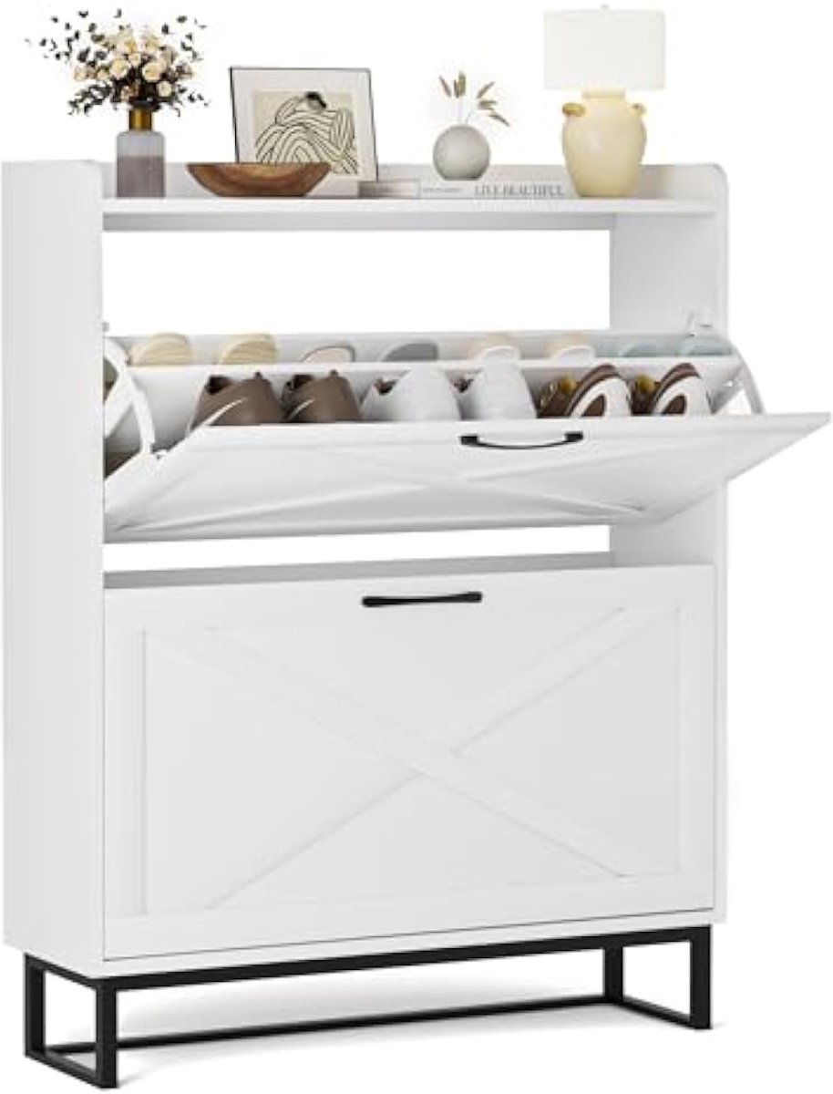 Smalle Schoenenkast Met 2 Kleppen - Met 4 Planken - Metalen Poten - Wit - 80 × 23,8 × 101,7 Cm (5487571840504)