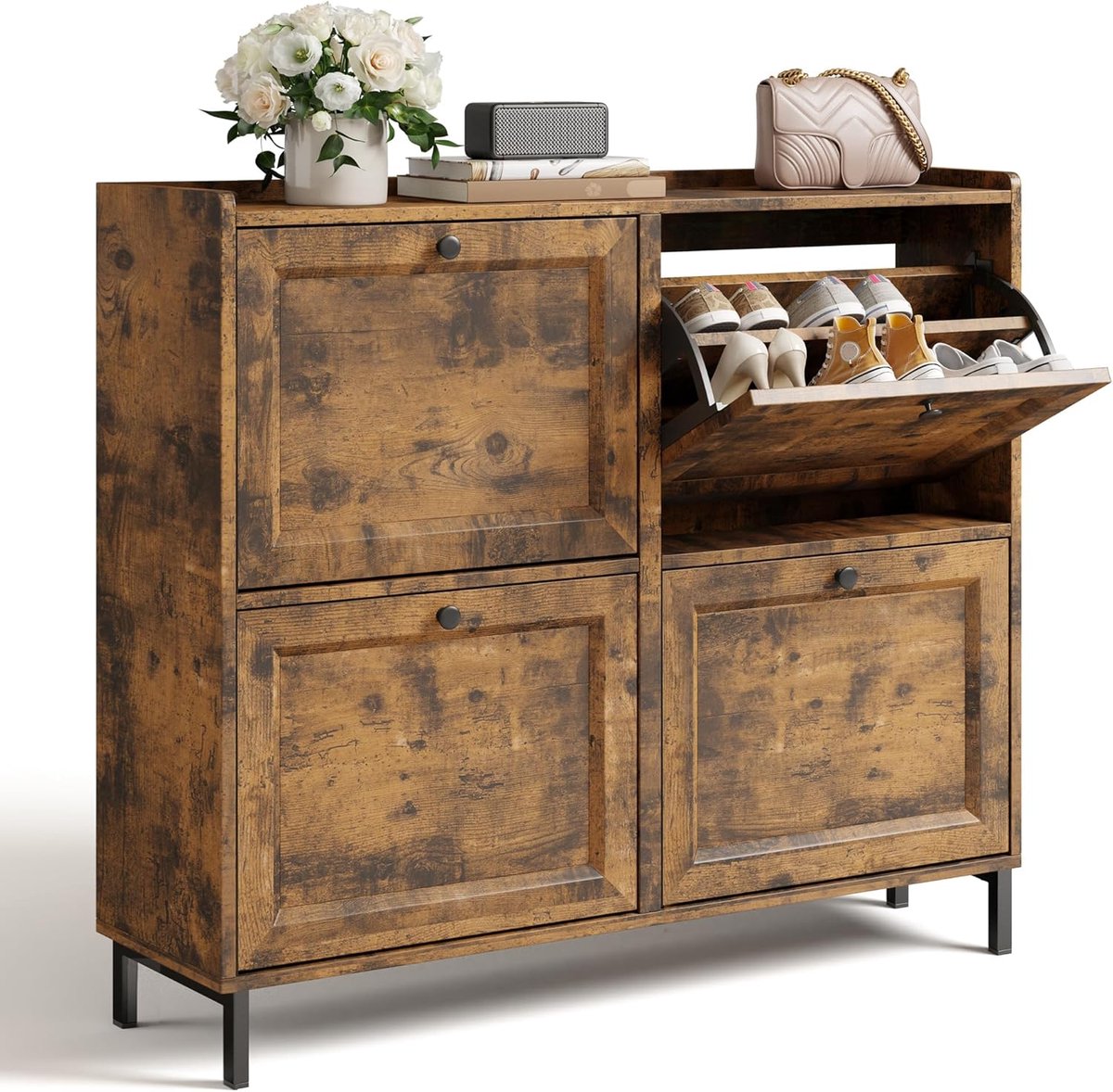 Smalle Schoenenkast met 4 Deuren - Inklapbaar met Verstelbare Planken voor 16 Paar, 99,3 × 24 × 91 cm (Retro) (5487571825976)