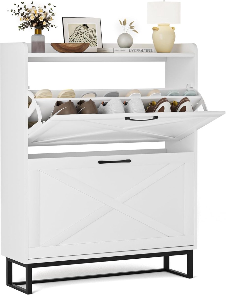 Smalle schoenenkast, schoenenkipper met 2 kleppen, schoenenrek met 4 legplanken voor hal, hout, 80x23,8x101,7 cm, wit (8785356075248)