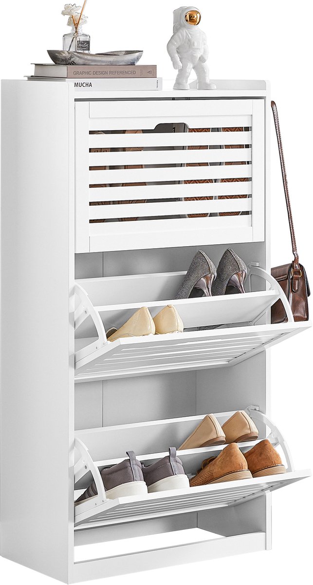 SoBuy FSR108-W Schoenenopbergkast - Witte Composiethout met 3 Planken & Haken (4251388617755)