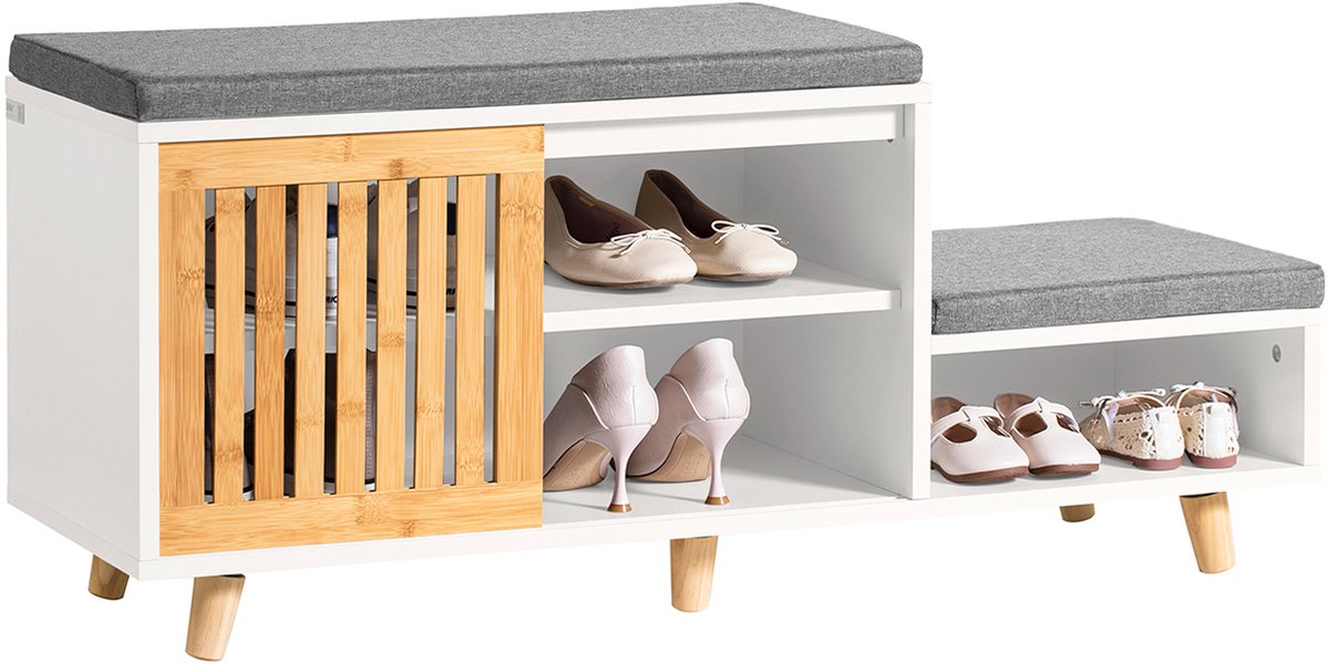 SoBuy FSR125-WN Schoenenbank - Witte Opbergbank met Schuifdeur & Kussens (4251388618943)