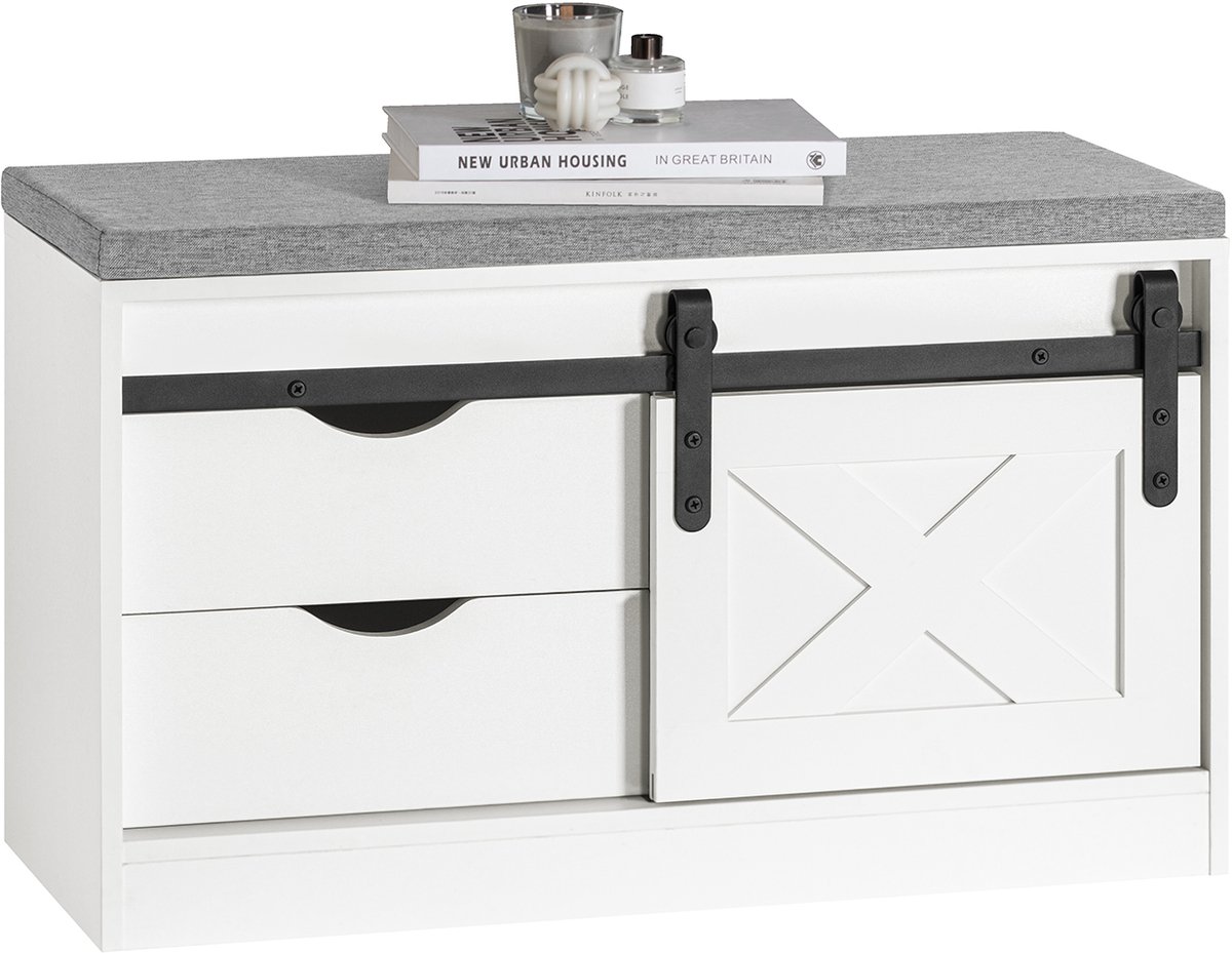 SoBuy FSR153-W Schoenenbank - Witte Opbergbank met Gewatteerd Kussen (4251388628324)